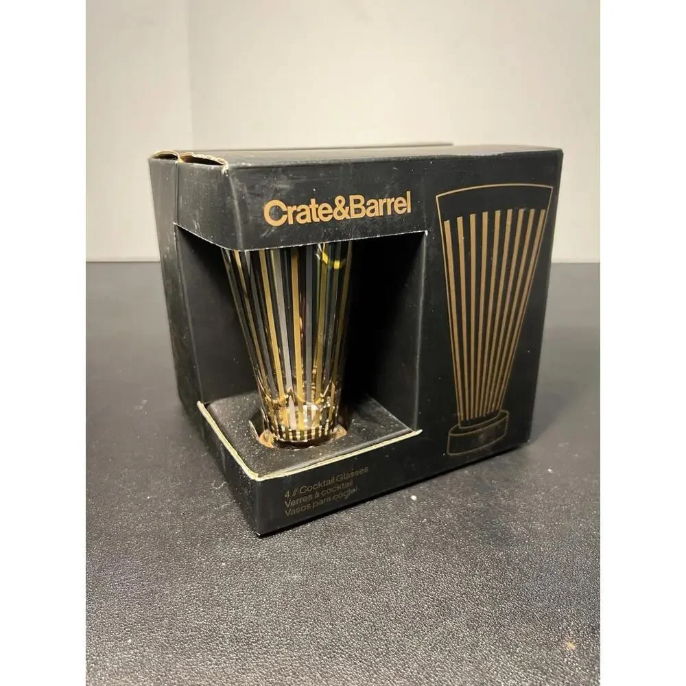 NIB Crate & Barrel 2000s Set Of 4 Gold Stripe Cocktail Glasses 6 Oz, 2.75x2.25”